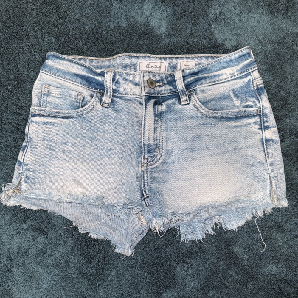 KanCan Light Blue Frayed Low Rise Jean Shorts